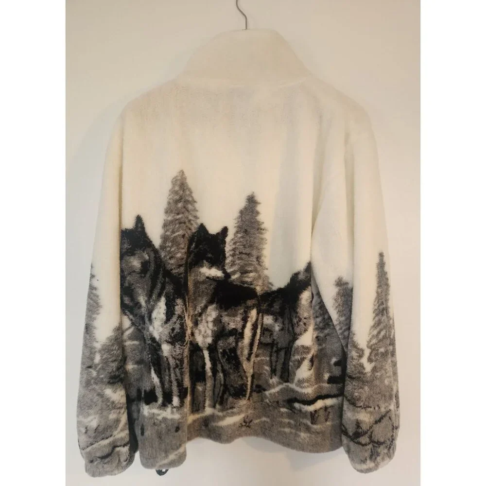 Vtg 90s Glacier Gear Outdoor Fleece Wolves Zip Up Jacket Blue White Sz L - Picture 7 of 8